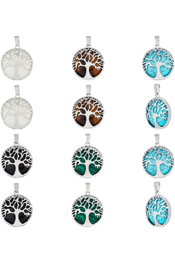 10Pcs 5 Styles Stone Tree Pendants 27mm Wide Natural and Synthetic Mixed Gemstone Pendants Gemstone Chrams with Platinum Tone Brass Findings for DIY Necklaces Jewelry Making