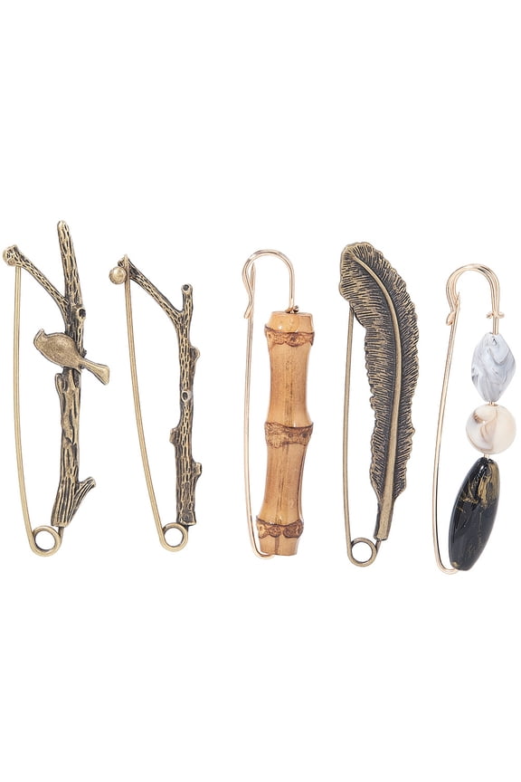 10Pcs 5 Styles Tibetan Style Alloy Brooches Mixed Shapes Mixed Color 80~89x19.5~30x5.5~13.5mm 2pcs/style