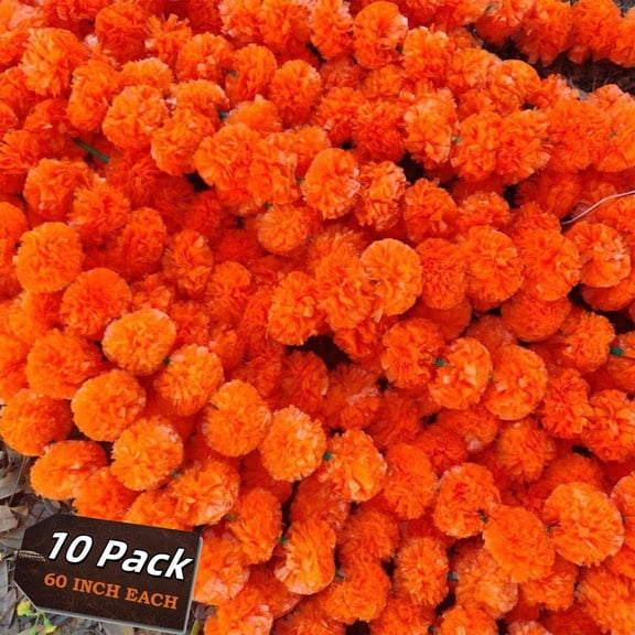 10Pcs - 50ft (5ftx10) Marigold Garland | Wedding & Party Décor, Faux Flowers, Diwali & Spring Decorations