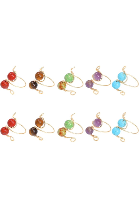 10Pcs 5Styles Adjustable Rings Mixed Gemstone Rotating Beaded Open Cuff Rings with Copper Wire for Women Golden Gold