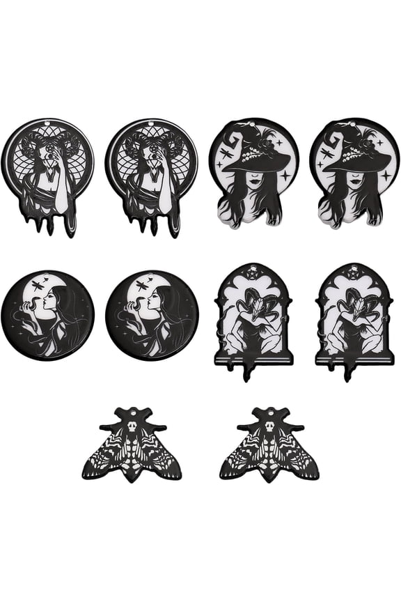 10Pcs 5Styles Gothic Theme Printed Acrylic Pendants Including Hecate with Ram Snake Moth Hat Charm for Bracelet Necklace DIY Craft Jewelry Making Black for DIY