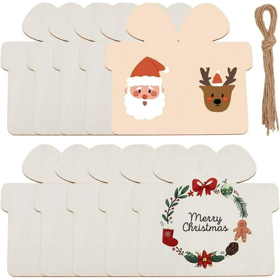 10Pcs 7 x 7 Inch Wooden Gift Box Ornament Christmas Wood Cutouts Unfinished Wood Blanks Slices with Ropes for DIY Arts Crafts Painting Home Birthday Party Favors Decoration Xmas Supplies for DIY