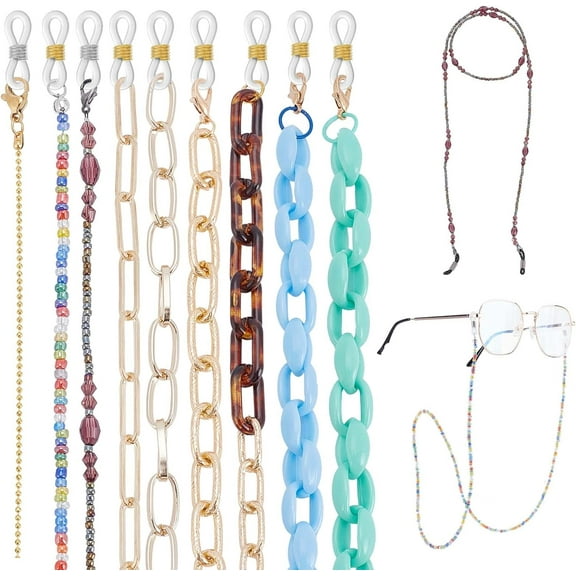 10Pcs 9 Styles Eyeglasses Chains Neck Strap for Eyeglasses with Glass Seed Beads Acrylic Cable Chains and Rubber Loop Ends Golden 10pcs/set