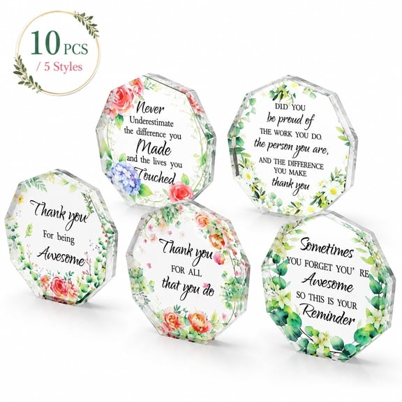 10Pcs Acrylic Appreciation Desk Signs, 5 Styles Inspirational Thank You Plaques, 3.54 Inch Clear Acrylic Motivational Table Decorations for Office Desk, Coworker Gift, Home Decor