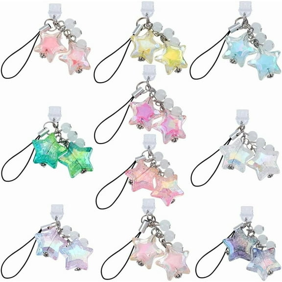 10Pcs Acrylic Mobile Straps with Plastic Mobile Dustproof Plugs Star Mixed Color 100~103mm