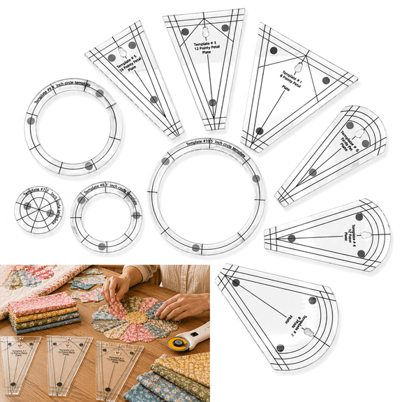 10Pcs Acrylic Quilting Template Ruler Set, Clear Multi-Shape Sewing Stencils with Petal, Tumbler and Circle Guides, Precision Patchwork Stencils for DIY Clothing Craft Design