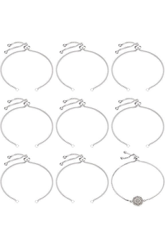 10Pcs Adjustable 304 Stainless Steel Slider Bracelets Making Bolo Bracelets with 202 Stainless Steel Beads Stainless Steel Color Single Chain Length: about 12cm