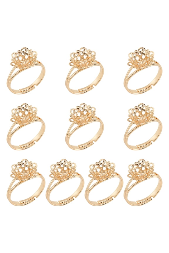 10Pcs Adjustable Brass Filigree Ring Settings Finger Rings Components Flower Real 14K Gold Plated Tay: 3mm Size 7(17.3mm) DIY