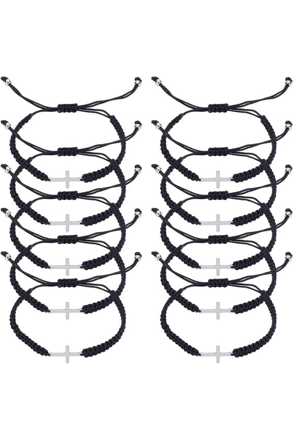 10Pcs Adjustable Polyester Thread Bracelets for Women Men with Alloy Cross Charms Black Inner Diameter: 1-7/8~3-3/4 inch(4.8~9.4cm)