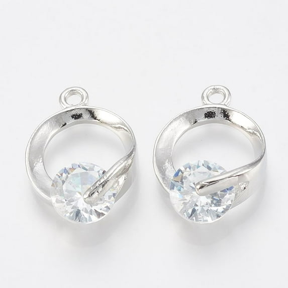 10Pcs Alloy Cubic Zirconia Pendants Ring Platinum for Women Birthday Festival Elegant Gifts Personalized Jewelry 18x12x5.5mm Hole: 1.5mm Silver
