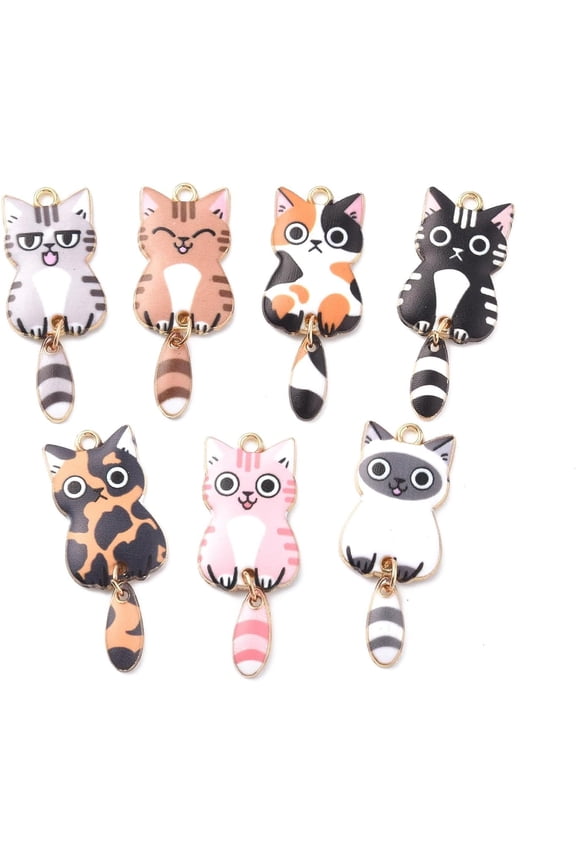 10Pcs Alloy Enamel Cat Pendants Light Gold Rack Plating Cat Charm Mixed Color Jewelry Findings for Necklace Bracelet Jewelry Making 38x15.7x3mm Hole: 2mm Making DIY