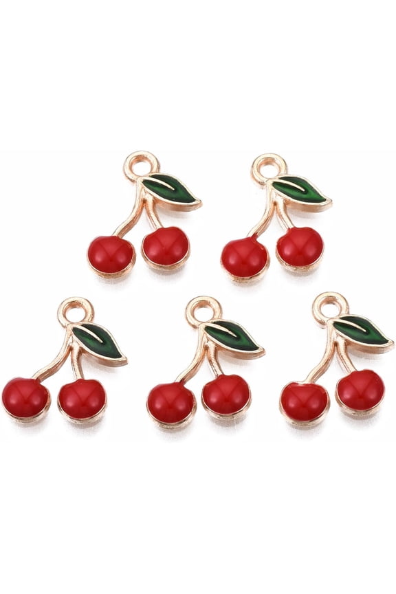 10Pcs Alloy Enamel Cherry Charms Red Cherry Pendant Charm Light Gold Jewelry Findings