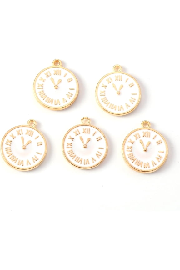 10Pcs Alloy Enamel Clock Pendants Light Gold Clock Pendant Decoration Creamy White Pendant Ornament DIY