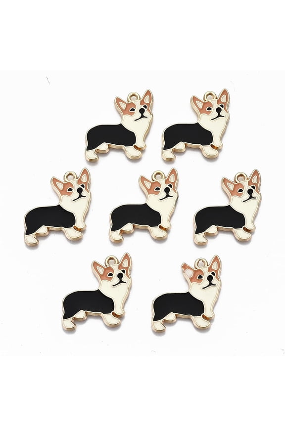10Pcs Alloy Enamel Corgi Dog Pendants Golden Corgi Dog Metal Charms Pendant Peru Pendant Ornament for Women DIY Necklace Earring Jewelry Craft Making 23x23x1.5mm Hole: 1.6mm