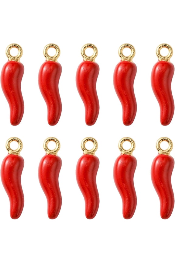 10Pcs Alloy Enamel Cornicello Pendants Light Gold Hot Horn of Plenty/Italian Horn Cornicello Charms Red Pendant Decoration for Necklace Bracelet Jewelry Making 21x6x6mm Hole: 2mm