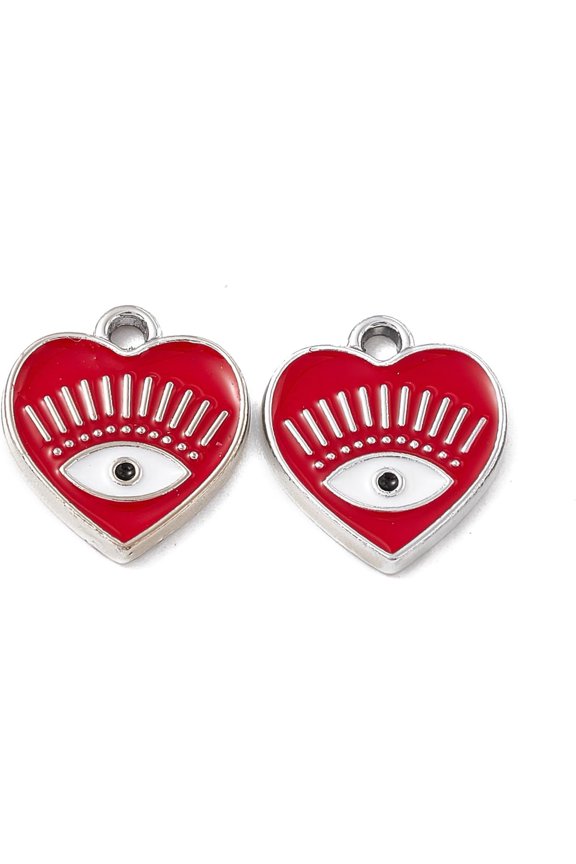 10Pcs Alloy Enamel Heart with Eye Pendants Platinum Heart with Eye Charm FireBrick DIY