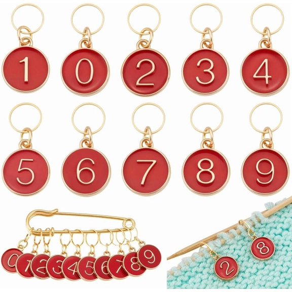 10Pcs Alloy Enamel Number 0~9 Pendant Locking Stitch Markers with Brass Linking Rings and 304 Stainless Steel Flat Round Red 5cm