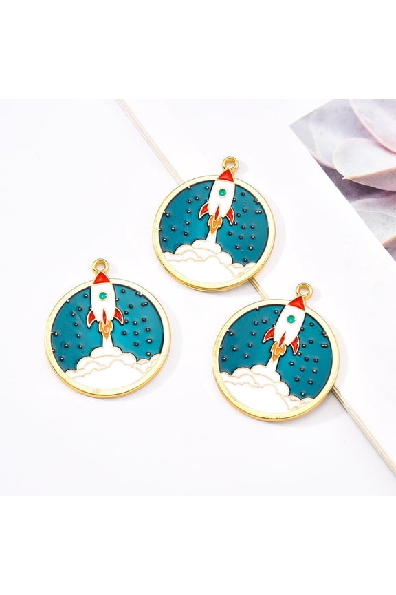 10Pcs Alloy Enamel Rocket Pendants Flat Round with Rocket Pendant Charm Dark Green Pendant Decoration DIY