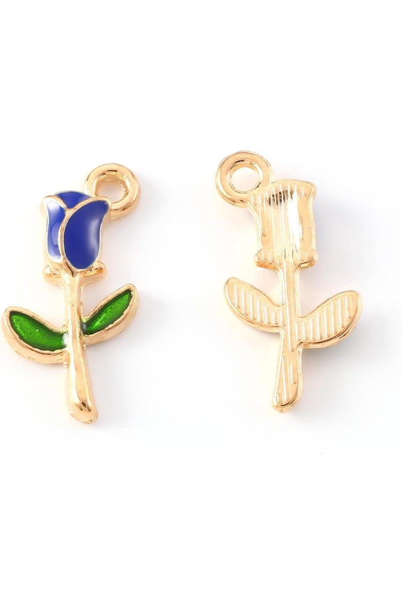 10Pcs Alloy Enamel Rose Pendants Blue Rose Shape Pendant Charm Light Gold Jewelry Making Charms DIY