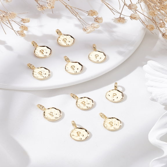 10Pcs Alloy Pendants Cadmium Free Nickel Free Lead Free Flat Round with Alphabet Real 18K Gold Plated Letter P 17x11.5x1.5mm Hole: 2.5mm