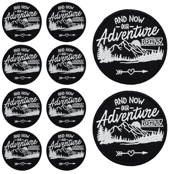 10Pcs "And Now Our Adventure Begins" Embroidered Patch with Hook and Loop Backing, Wedding Couple Outdoor Travel Applique Badge for Vests, Jackets, Backpacks, and Clothing