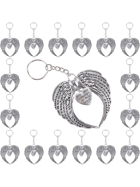 10Pcs Angel Keychains Bulk Guardian Angel Charm Keychain Key Ring Silver Vintage Angel Wings Big Size Memorial Keychain for Jewelry Making Supplies DIY Craft Backpacks Car Art Wedding