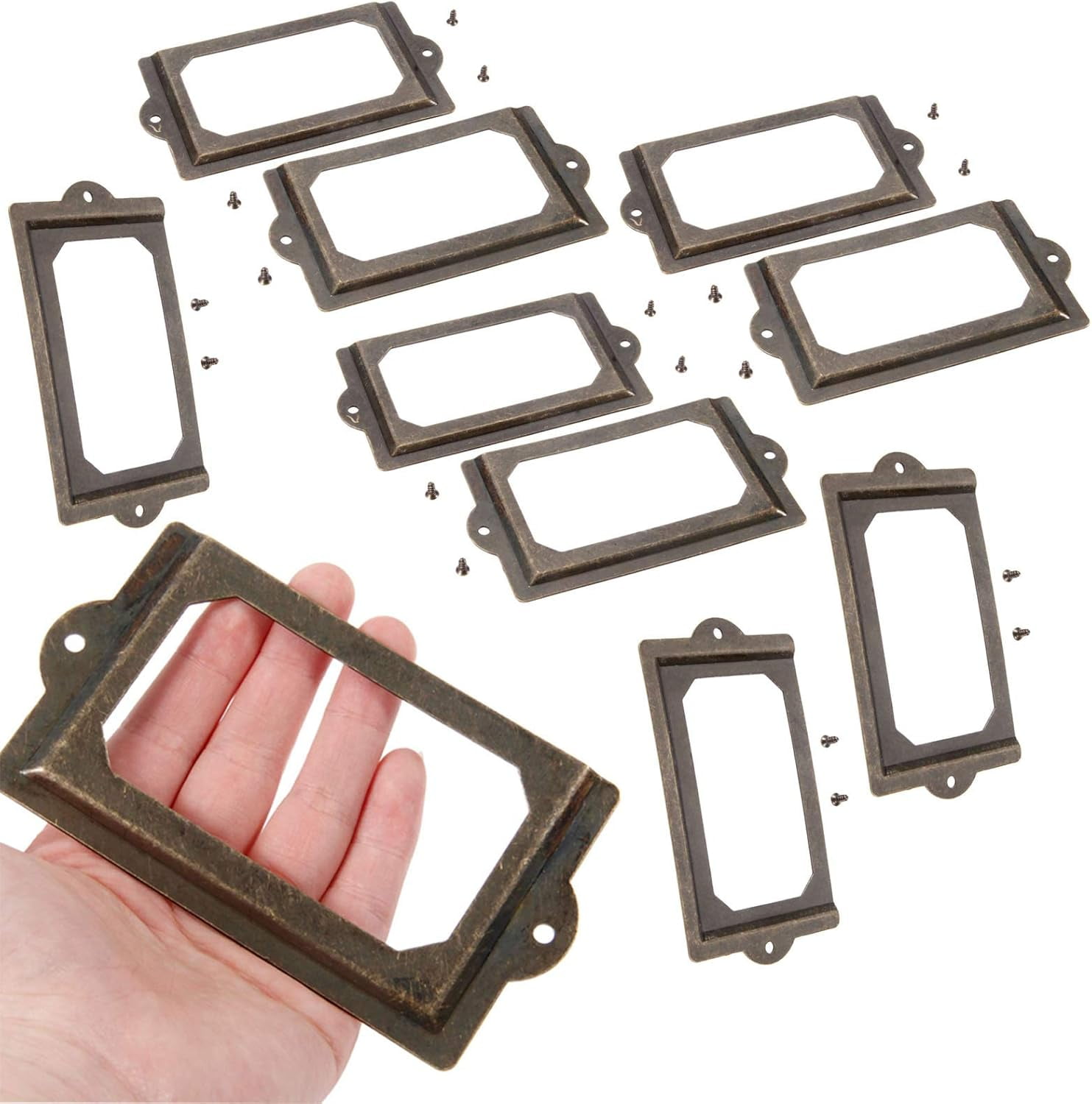 EMSea 24Pcs Vintage Label Houder Metalen Tag Frame Zinklegering Tag Houder Retro Kaarthouder Label Houder Decoratieve Kaarthouder Met Schroeven Decoratie voor Kasten Brons