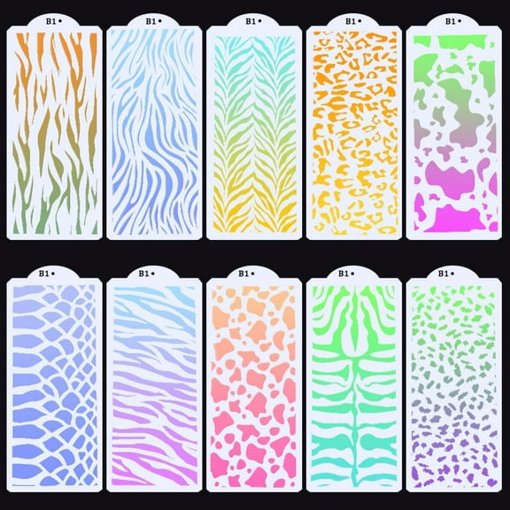 10Pcs Art Texture Stencils Plastic Reusable Mixed Media Template Leopard Cow Print Abstract Layered Border Stencils for Crafts Painting on Wood Wall Furniture Cake Decorative 10.35x4.43inch DIY
