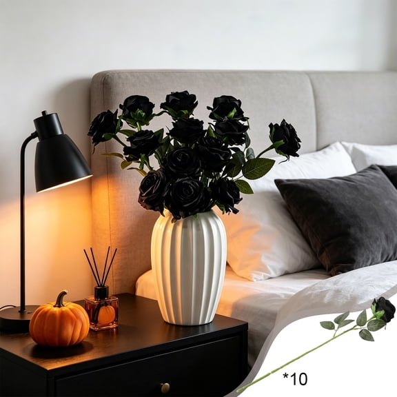 10Pcs Artificial Black Rose Bouquet Long Fake Silk Roses Gothic Halloween Home Wedding Decor Matte Flower Arrangement for Vase Table Display Party Decoration Dark Theme Gothic Style