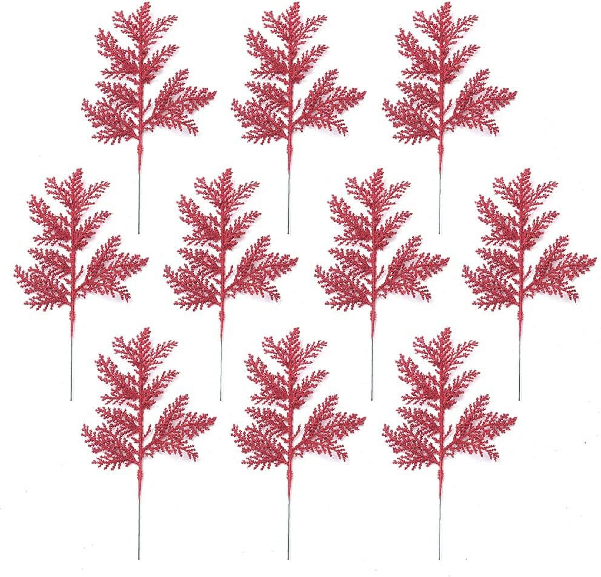 10Pcs Artificial Christmas Glitter Leaves Christmas Floral Picks Red