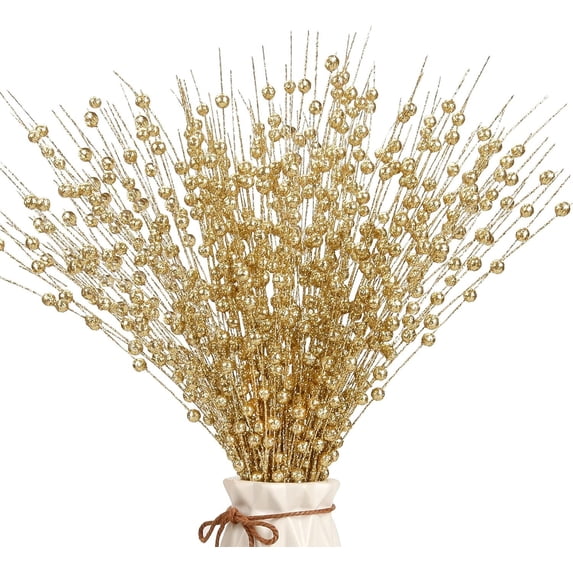 10Pcs Artificial Glitter Berry Stem Decorations Bead Sticks Pick Halloween Christmas Ornaments Glittery Twigs for Christmas Tree Xmas Wreath Vase Filler Home Decor (Gold)