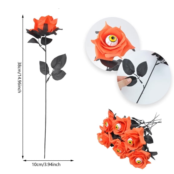 10Pcs Artificial Orange Roses with Eyeball Bouquet Halloween Party Decorations Spooky Holiday Decoration Fake Rose Floral Arrangement Haunted House Layout Ornament Home Decor