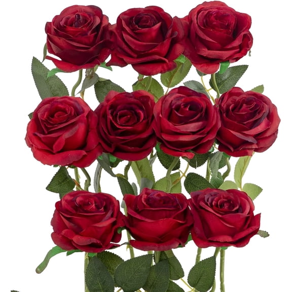 10Pcs Artificial Rose Flowers with Long Stem Fake Roses Silk Realistic Roses Bouquet for DIY Wedding Bridal Shower Party Table Centerpieces Home Decorations (Burgundy)