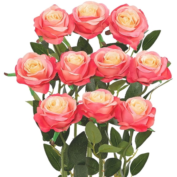 10Pcs Artificial Rose Flowers with Long Stem Fake Roses Silk Realistic Roses Bouquet for DIY Wedding Bridal Shower Party Table Centerpieces Home Decorations (Gradient Pink)