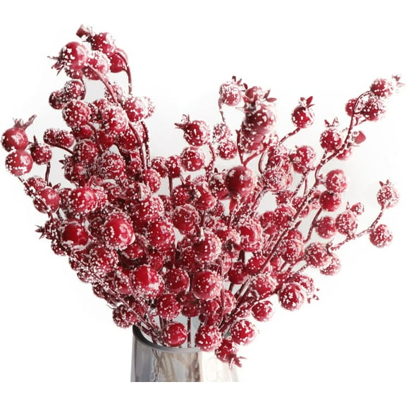 10Pcs Artificial Snowy Red Berry Picks Stems Christmas Frosted Holly Berry Branches, Xmas Winter Twig Spray Holiday Arrangements Table Centerpieces DIY Crafts