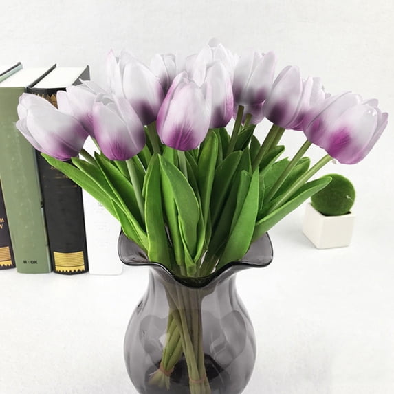 10Pcs Artificial White with Purple Edge Tulips– Latex Realistic Fake Flowers for Bridal Bouquet