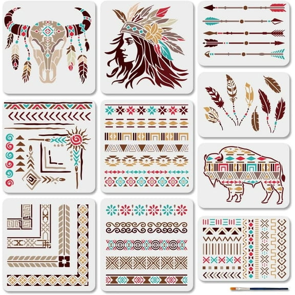 10Pcs Aztec Stencil Tribal Indian Painting Stencils 11.811.8/11.78.3inch Southwest Border Cow Drawing Template with Paint Brush for Craft on Window Wood Wall Home Decor White