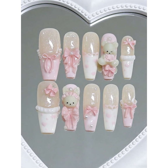 10Pcs Baby Pink Press-On Nails With 3D Teddy Bear And Bows, Long Coffin