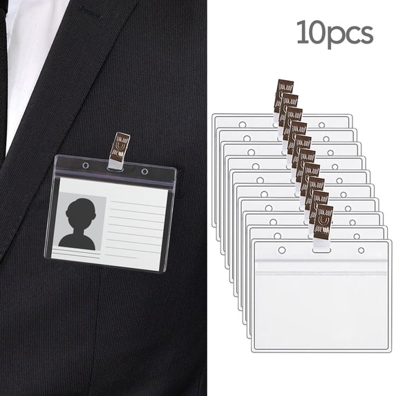 10Pcs Badge Holders and Metal Clips Clear Horizontal Name Tag ID Card Holder with Clip Waterproof ID Badge Holder with Clips