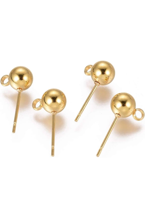 10Pcs Ball Post Stud Earring Findings Stainless Steel Ear Stud with Vertical Loops 6mm Round 18K Gold Plated Ball Earring Posts for DIY Jewelry Earring Making