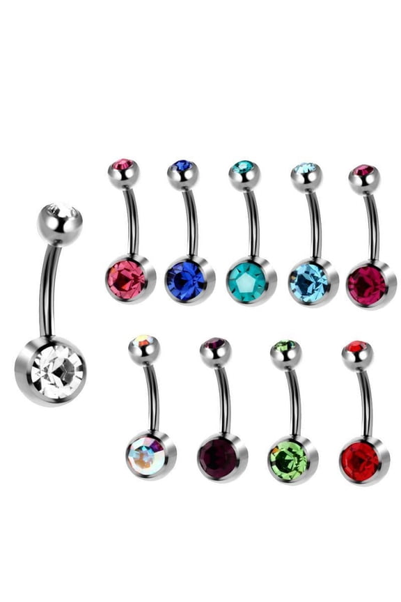 10Pcs Belly Bars Navel Double Crystal Gem Button Barbell Body Jewellery 14g