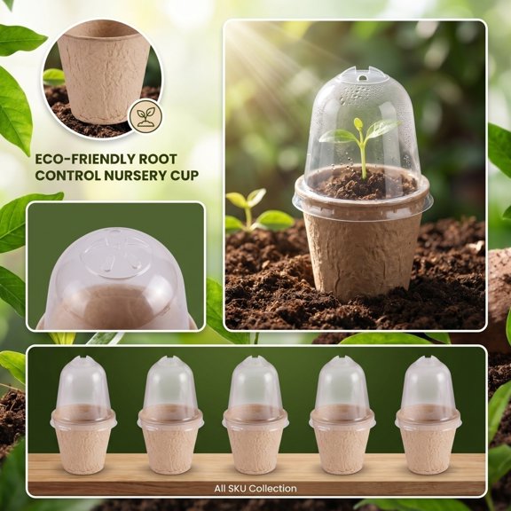 10Pcs Biodegradable Pulp Seedling Pots with Ventilated Humidity Dome Lids, Round Root-Control Nursery Cups with 4 Drainage Holes for Seed Germination,D