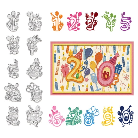 10Pcs Birthday Numbers Cutting Dies Card Borders 0~9 Die Cut 3D Embossing Stencils for Card Making DIY Scrapbooking Photo Album Birthday Date Cards