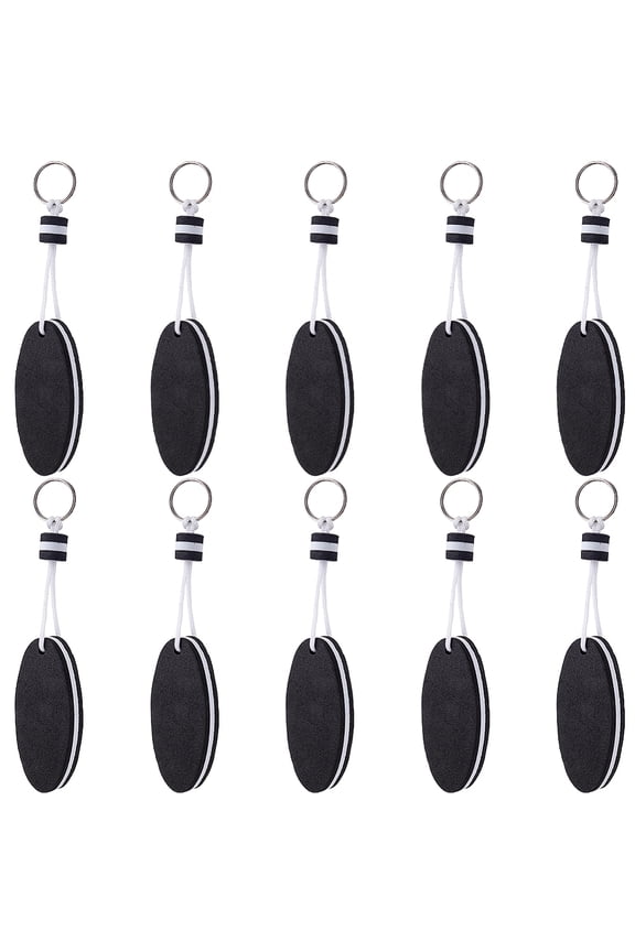 10Pcs Black Floating Keychain Plastic Oval Waterproof Lightweight Water Buoyant Boat Keys Chains with Silver Iron Ring