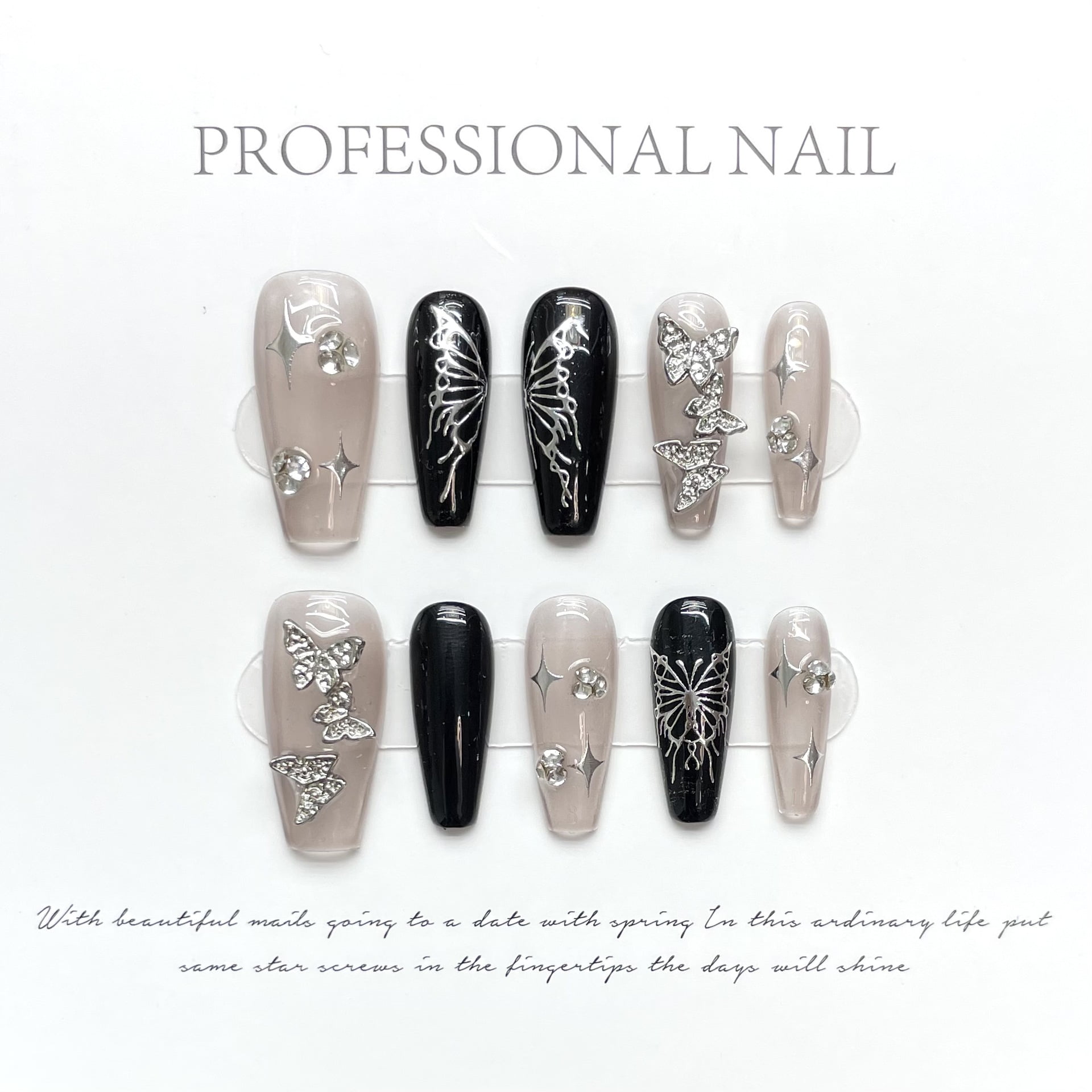 10Pcs Black Handmade Press on Nails Flower Ballet Wearable Rhinestone