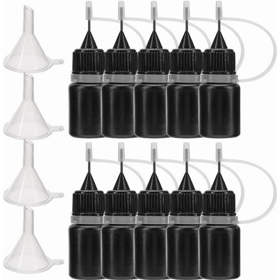 10Pcs Black Precision Tip Applicator Bottles 5ml Plastic Needle Tip Squeeze Glue Bottles with 4Pcs Mini Funnels for Paint Paper Quilting Craft Glue Ink Liquid Acrylic Painting Mixed Color
