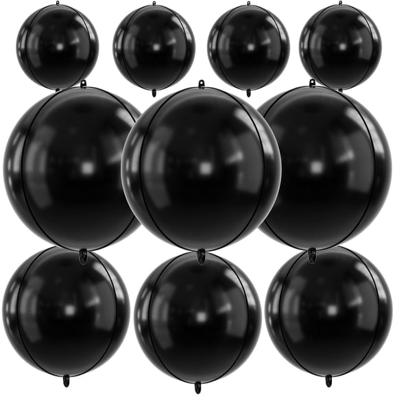 10Pcs Black Round Foil Balloons, 22" 18" 15" 4D Helium Sphere Mylar Balloon, Metallic Black Foil Baloon for Birthday Graduation Wedding Anniversary New Year Eve Disco Party Decorations