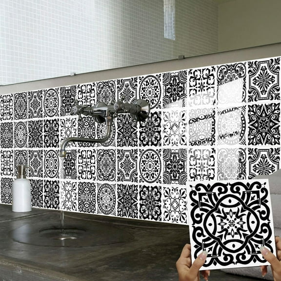 10Pcs Black & White Flower Pattern Tile Stickers 8"x8" Waterproof Vinyl Peel and Stick Kitchen Bathroom Backsplash