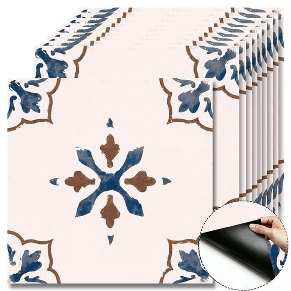10Pcs Blue and Brown Moroccan Pattern Peel and Stick Floor Tiles, 12x12in Covers 10 Sq Ft, SelfAdhesive DIY Vinyl Flooring, Removable Waterproof Decor for Bathroom, Kitchen, Living Room, Staircase