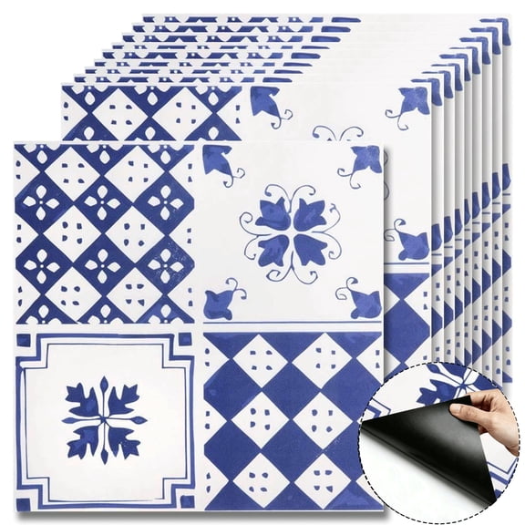10Pcs Blue Geometric Mediterranean Floor Tiles, 12x12 Covers 10 Sq. Ft. SelfAdhesive DIY Vinyl Flooring, Removable and Waterproof Tile Stickers for Bathroom, Kitchen, Staircase, Rental Property